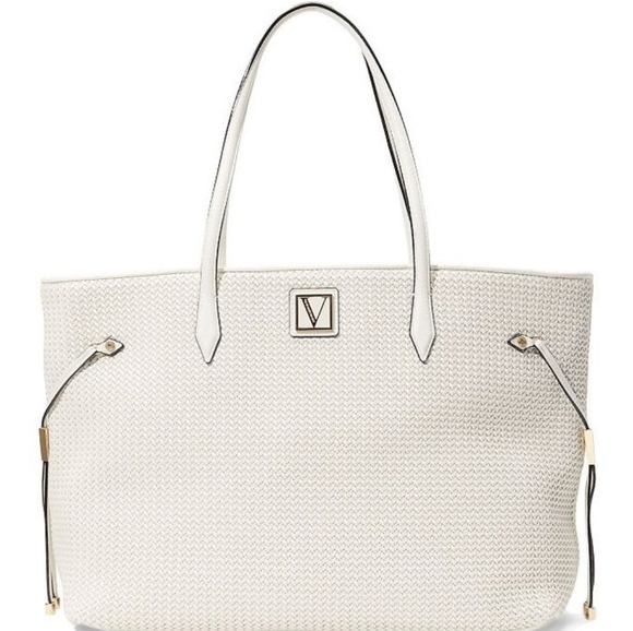 Victoria's Secret Handbags - Nip luxury VS ivory faux raffia vegan gold tone v jumbo shoulder bag limited ed
